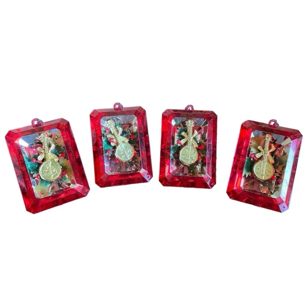 Vintage JewelBrite Diorama Christmas Ornaments Banjos Set of 4 Size 3